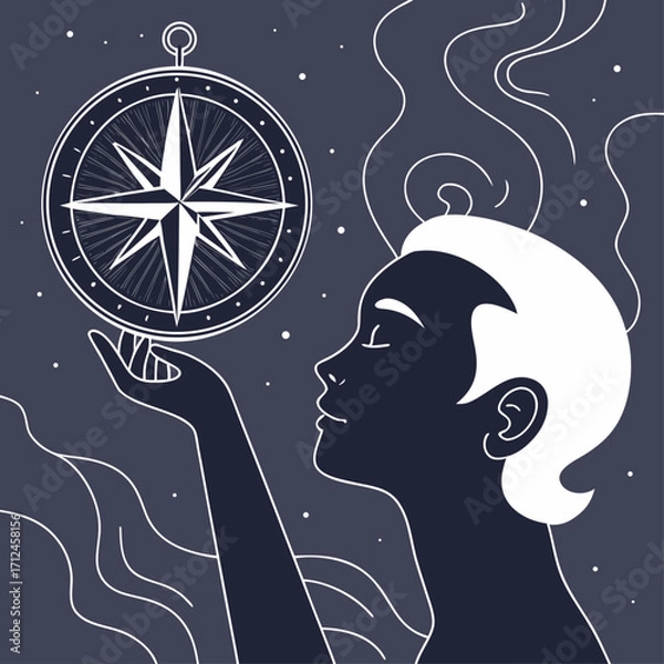 Fototapeta Finding your inner compass, A person holding a compass for guidance and direction, Line art vector illustration - Generative AI
