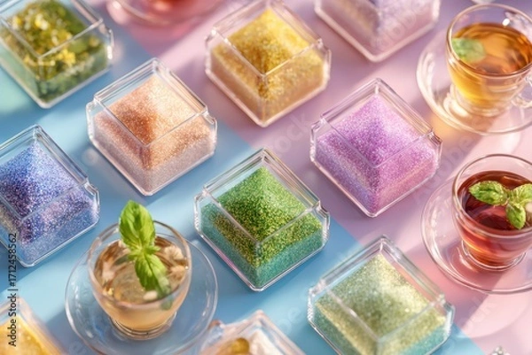 Fototapeta Colorful Assorted Sugar Cubes in Transparent Containers with Refreshing Herbal Tea and Mint Garnish on a Bright Background
