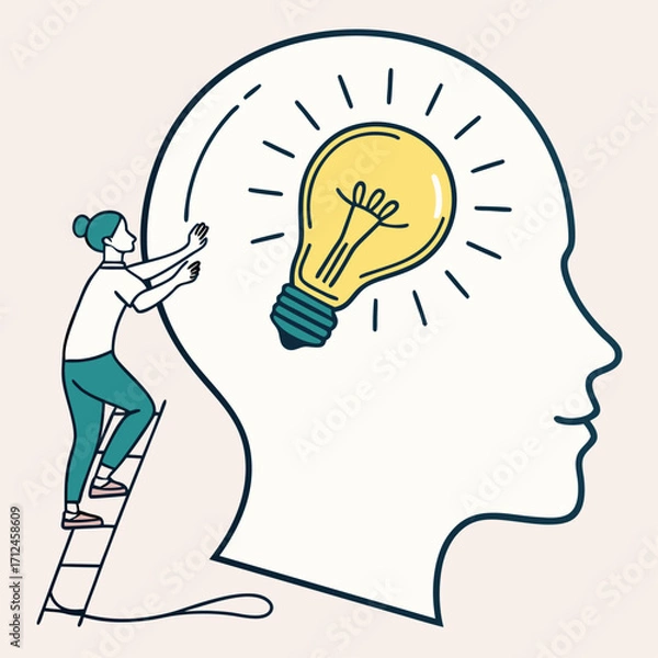 Fototapeta Climbing towards a new idea, A woman on a ladder reaching for a lightbulb in a human head, Vector illustration - Generative AI
