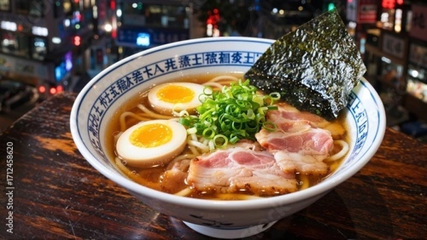 Fototapeta Exquisite bowl of Japanese ramen with soft boiled eggs, savory pork slices, and vibrant scallions, served in front of a vibrant, urban backdrop.