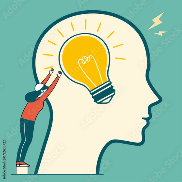 Fototapeta Bringing a new idea to life, A woman pushing a giant lightbulb into a human head, Vector illustration - Generative AI
