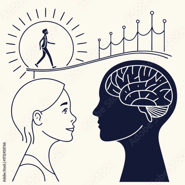 Fototapeta The journey of life and personal growth, A path from sunrise to success above two faces, Vector illustration - Generative AI
