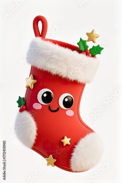 Fototapeta An artwork of a Happy Christmas stocking with a kawaii face, a cute festive design, white backdrop