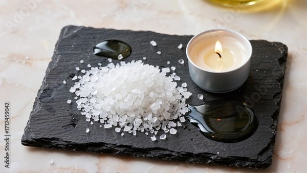 Fototapeta Serene Spa Still Life: Illuminated Candlelight, Pure Salt Crystals, and Essential Oils on Dark Slate for Relaxation.