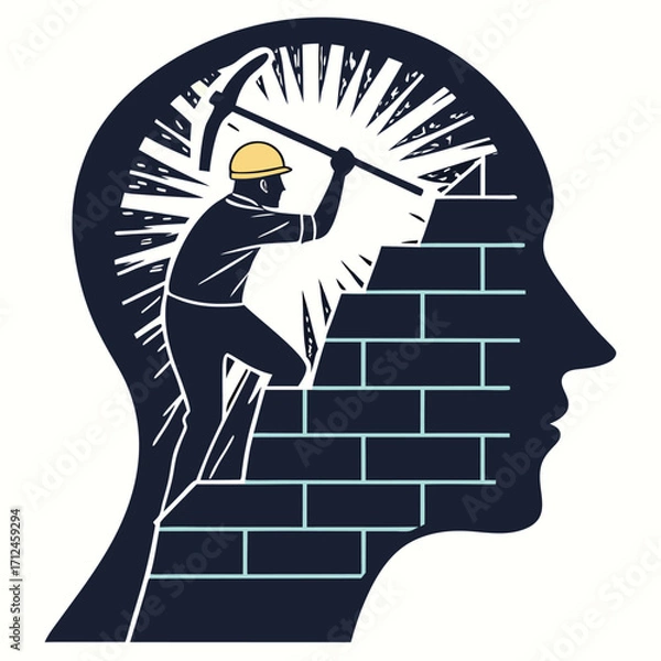 Fototapeta Building a growth mindset, A man building a stairway in his mind with a pickaxe, Vector illustration - Generative AI
