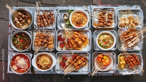 Fototapeta An Array of Asian Street Food Featuring Noodles, Skewered Meats, and Colorful Broths Presented on a Metal Cart.