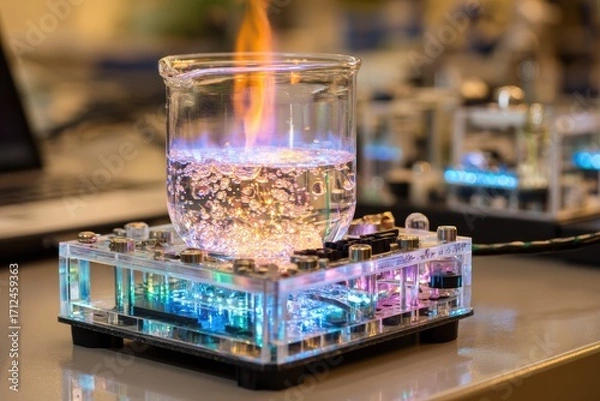Fototapeta Colorful Chemical Reaction in Laboratory with Flames and Bubbles, Showcasing Modern Science and Experimentation in a Controlled Environment