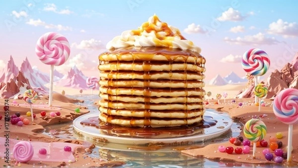 Fototapeta A Sweet Escape: Towering Pancakes with Caramel Drizzle in a Candy Wonderland, a Delicious Dreamscape Come to Life.