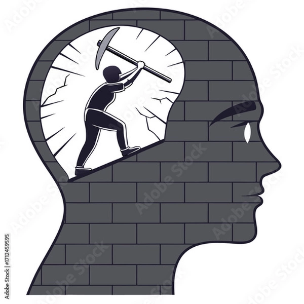Fototapeta Breaking mental barriers, A person with a pickaxe breaking down a wall in their mind, Vector illustration - Generative AI
