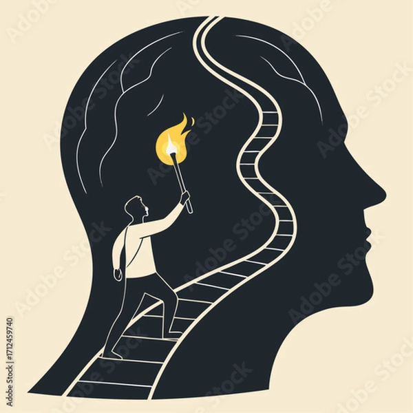 Fototapeta The journey of self-discovery, A man with a torch exploring a path inside his mind, Vector illustration - Generative AI
