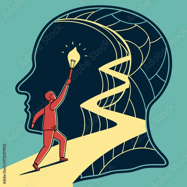Fototapeta Enlightenment and the path to knowledge, A man with a torch illuminating a path in his mind, Vector illustration - Generative AI
