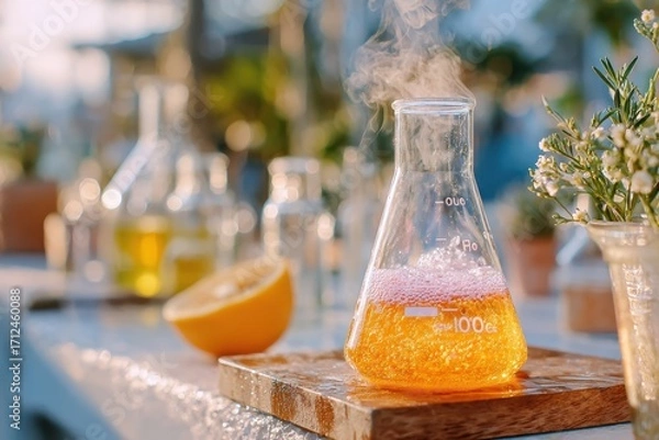 Fototapeta Colorful Experiment with a Flask and Bubbling Liquid Captured in a Warm, Sunlit Outdoor Setting Surrounded by Scientific Glassware and Nature