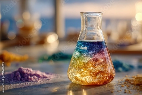 Fototapeta Colorful Experimentation with Chemical Solutions in a Laboratory Setting, Featuring Vibrant Mixtures of Powders and Liquid in a Glass Flask Under Ambient Light