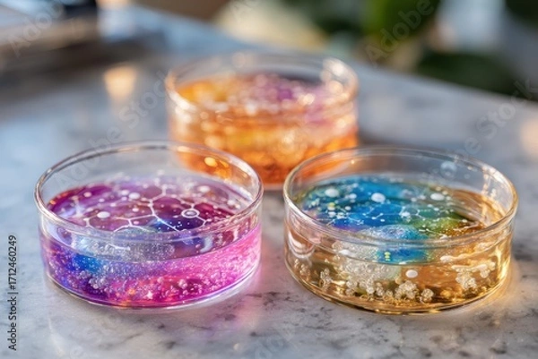 Fototapeta Colorful Gelatin Samples in Petri Dishes with Bubbles and Vivid Hues Ideal for Artistic and Scientific Stock Photography Use