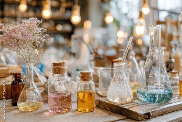 Fototapeta Colorful Glass Bottles and Flasks in a Cozy Laboratory Setting Surrounded by Soft Lighting and Natural Elements for a Serene and Inspirational Atmosphere