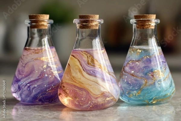 Fototapeta Colorful Glass Bottles with Swirling Liquid Containing Glitter, Ideal for Craft, DIY Projects, or Artistic Decor, Featuring Shades of Purple, Gold, and Blue