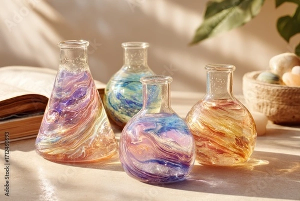Fototapeta Colorful Glass Bottles with Swirling Patterns and Light Reflections on a Table Surrounded by Natural Elements and a Cozy Atmosphere