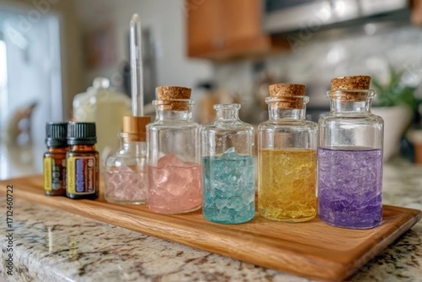 Fototapeta Colorful Glass Jars Filled with Decorative Crystals and Essential Oils on a Wooden Tray in a Bright Kitchen Space