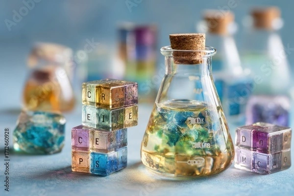 Fototapeta Colorful glass laboratory equipment with vivid liquid solutions and shiny crystals on a blue background for science, experiments and creativity in education or research