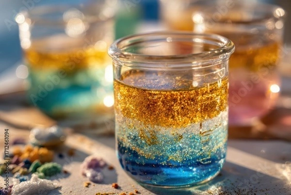 Fototapeta Colorful Glitter in Clear Jars Showcasing a Beautiful Layering Effect Over a Sunny Outdoor Surface Highlighting Creativity and Artistry in Craft Projects