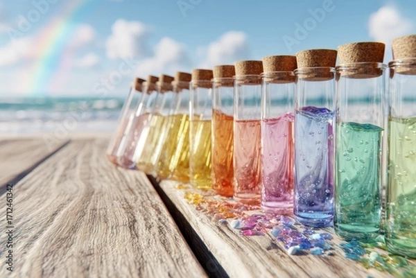 Fototapeta Colorful Glass Test Tubes on Wooden Surface with Ocean Background and Rainbow in the Sky, Perfect for Science, Chemistry, or Creative Projects
