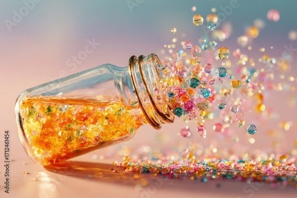 Fototapeta Colorful glitter particles burst from a glass jar creating a vibrant and enchanting scene of joy and celebration in a dreamy background