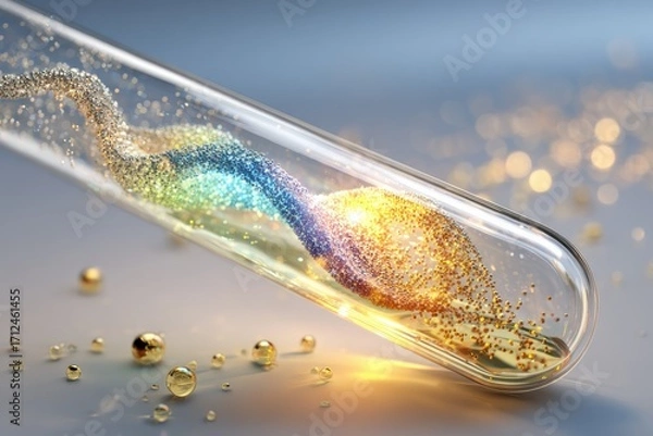 Fototapeta Colorful Glittery Substance in a Laboratory Test Tube Creating Visual Effects and Sparkling Ambience of Science and Art in a Contemporary Setting