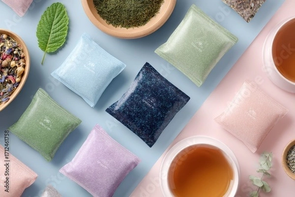 Fototapeta Colorful Herbal Sachets and Tea Cups Surrounded by Nature Elements on Soft Pastel Background for Wellness and Relaxation Themes
