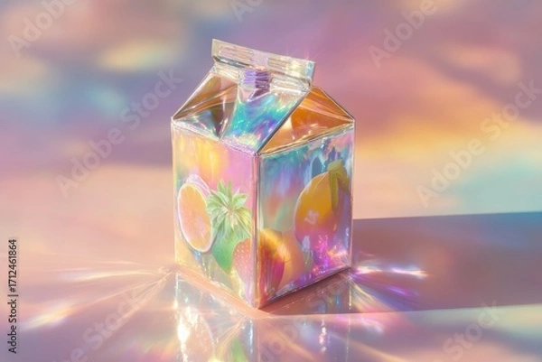 Fototapeta Colorful holographic juice carton with vibrant fruit illustrations in a dreamy, pastel background that captures the essence of freshness and creativity for promotional use.
