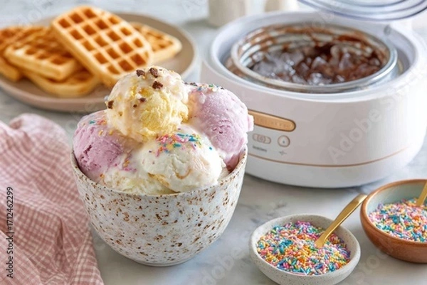 Fototapeta Colorful Ice Cream Dessert in a Bowl with Sprinkles and Waffles on a Table with Ice Cream Maker and Chocolate Sauce in the Background
