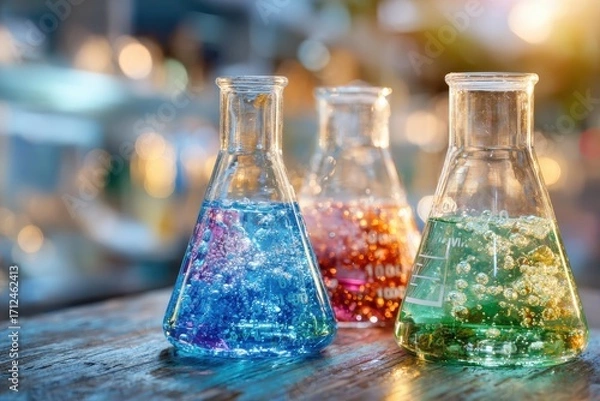 Fototapeta Colorful Laboratory Beakers with Bubbles and Bright Liquids Reflecting Light Against a Blurred Lab Background for Scientific and Educational Concepts