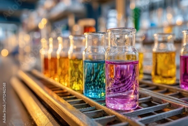 Fototapeta Colorful laboratory glassware filled with vibrant liquids showcasing chemical experiments in a modern science environment with blurred background elements