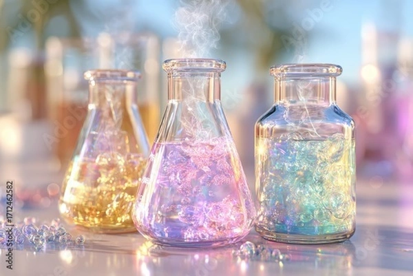 Fototapeta Colorful Laboratory Glassware with Bubbling Liquid and Steam in a Bright Laboratory Setting Showcasing Science and Experimentation Themes