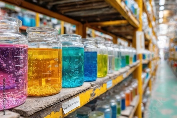 Fototapeta Colorful laboratory jars filled with various solutions and compounds on wooden shelves in a bright and organized scientific environment