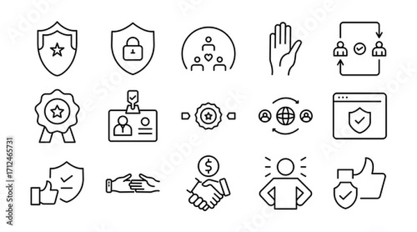 Fototapeta Partnership and trust linear icon set. Handshake, reliability, security, confidence, loyalty, integrity, agreement, assurance, safety, cooperation, vector thin line UI icon pack.
