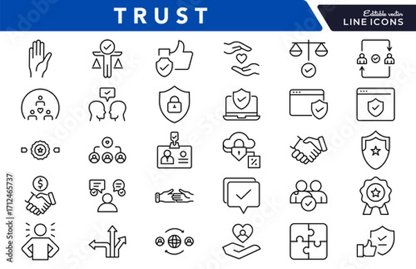 Fototapeta Trust linear icon set. Handshake, reliability, security, confidence, loyalty, partnership integrity, agreement, assurance, safety, cooperation, vector thin line UI icon pack.