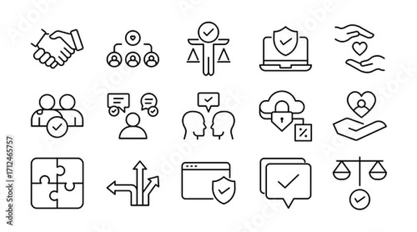 Fototapeta Trust and reliability linear icon set. Security, handshake, integrity, partnership, confidence, loyalty, agreement, assurance, safety, collaboration, vector outline icon set. UI thin line icon pack