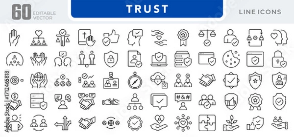 Fototapeta Trust linear icon set. Reliability, security, handshake, cyberscope, confidence, integrity, partnership, loyalty, agreement, assurance, safety, vector outline icon set. Editable stroke
