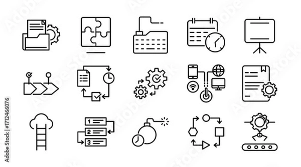 Fototapeta Strategy and business project linear icon set. Planning, teamwork, management, collaboration, timeline, milestones, goals, progress, tasks, company, vector thin line UI icon pack.