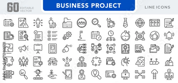 Fototapeta Business project linear icon set. Planning, strategy, teamwork, goals, timeline, company, management, collaboration, tasks, milestones, progress, vector outline icon set. Editable stroke icon pack