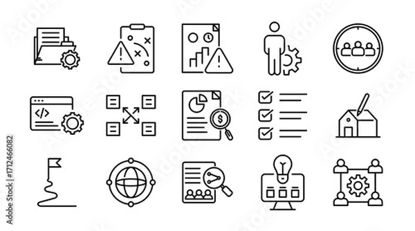 Fototapeta Business project linear icon set. Planning, strategy, teamwork, goals, timeline, company, management, collaboration, tasks, milestones, progress, vector outline icon pack