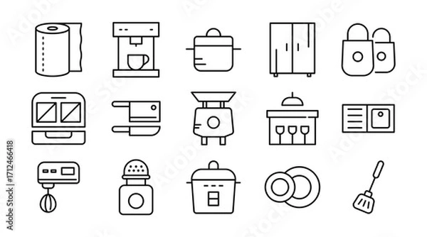 Fototapeta Kitchen linear icon set. Cooking, utensils, appliances, stove, cookware, food preparation, chef tools, dining, ingredients, culinary, outline icon set