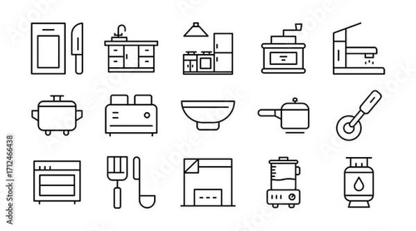 Fototapeta Cooking linear icon set. Kitchen, utensils, stove, dining, cookware, appliances, food preparation, ingredients, chef tools, culinary, meal, vector thin line UI icon pack.