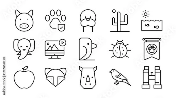 Fototapeta Wildlife and ecosystem linear icon set. Animals, mammals, birds, insects, forest, nature, safari, pets, endangered species, fauna, vector outline UI icons pack.