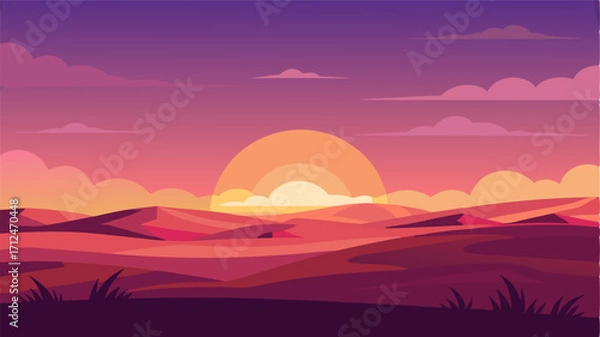 Fototapeta A picturesque sunset over the prairie painting the sky in shades of pink orange and purple as the last rays of light illuminate the rolling landscape.