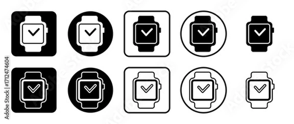 Fototapeta Icon set of smart watch symbol. Filled, outline, black and white icons set, flat style.  Illustration on transparent background
