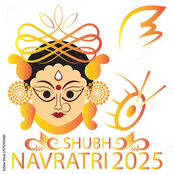 Fototapeta Shubh Navratri 2025 Goddess Durga Face Art. Colorful illustration of Goddess Durga face with decorative patterns and Shubh Navratri 2025 text, ideal for festival greetings and celebration EPS 10/AI. 