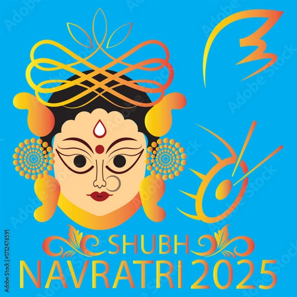 Fototapeta Shubh Navratri 2025 Goddess Durga Face Art. Colorful illustration of Goddess Durga face with decorative patterns and Shubh Navratri 2025 text, ideal for festival greetings and celebration EPS 10/AI. 