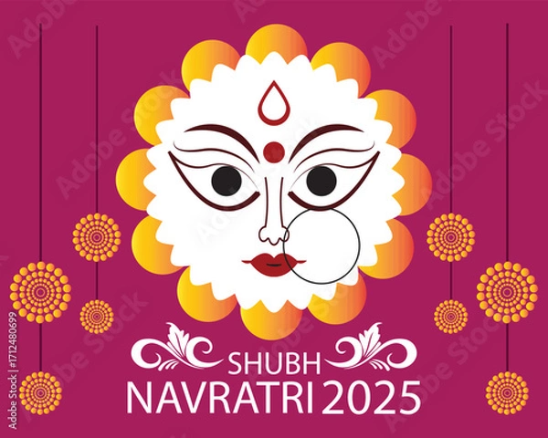 Fototapeta Shubh Navratri 2025 Goddess Durga Face Art. Colorful illustration of Goddess Durga face with decorative patterns and Shubh Navratri 2025 text, ideal for festival greetings and celebration EPS 10/AI. 
