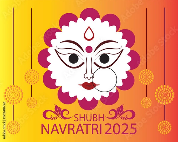 Fototapeta Shubh Navratri 2025 Goddess Durga Face Art. Colorful illustration of Goddess Durga face with decorative patterns and Shubh Navratri 2025 text, ideal for festival greetings and celebration EPS 10/AI. 